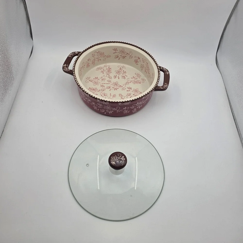 Temp-tations Floral Lace 2.0 QT Round Baker with Glass Lid Cranberry Purple O1